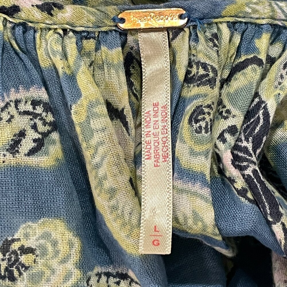 FREE PEOPLE "Kauai Getaway" Tunic Mini Dress Flutter Sleeve Blue/Green Floral L - Picture 10 of 13
